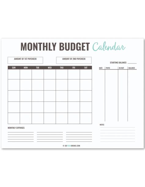 Printable Budget Calendar